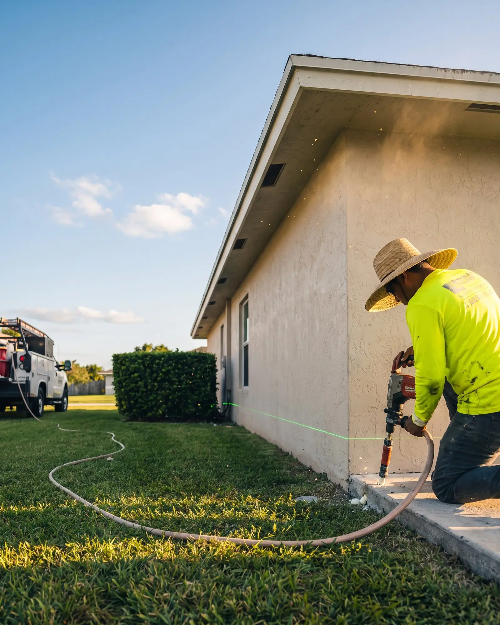 Contractor drilling into house foundation at corner with a hose on a sunny day.