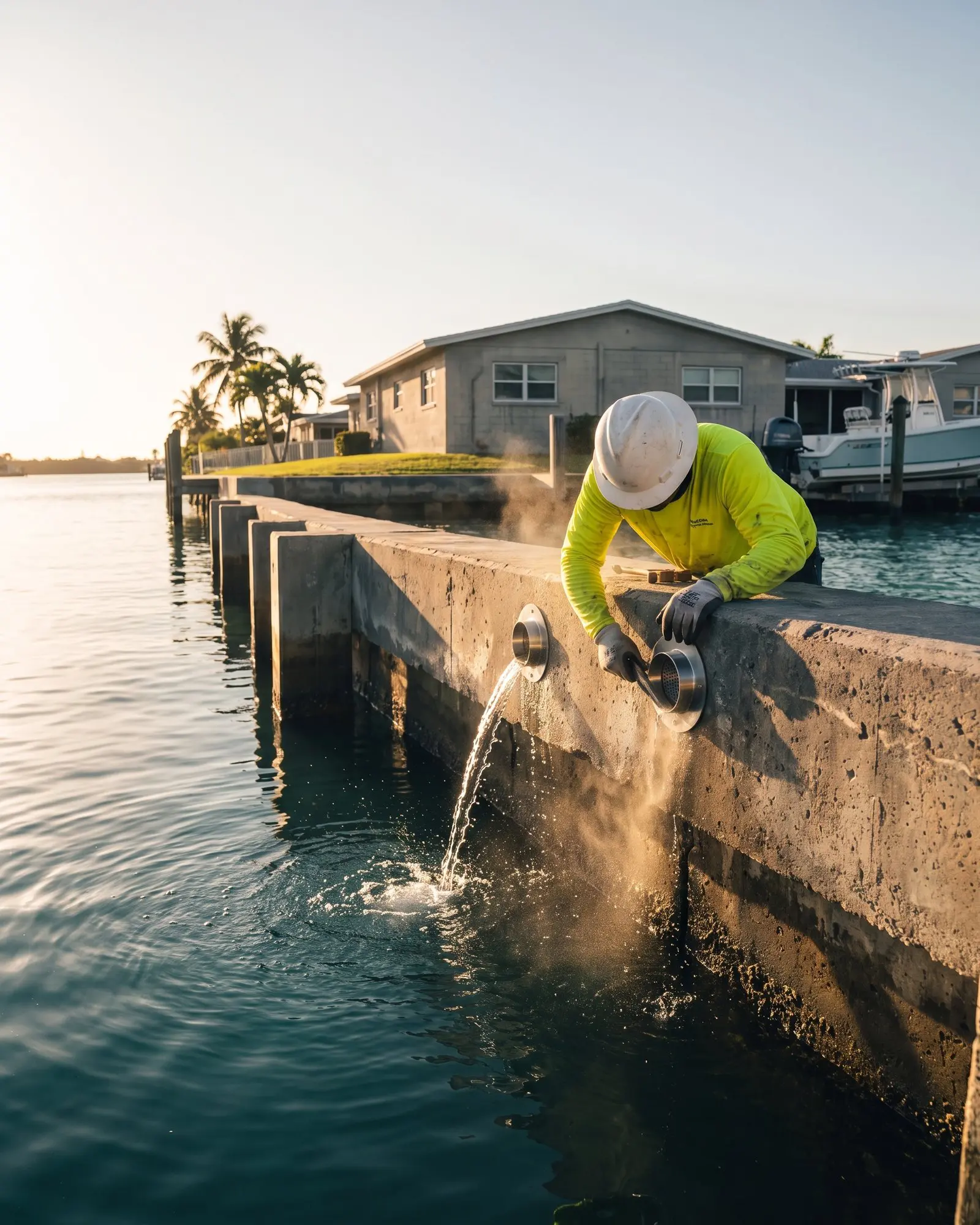 Foam Guys service trucks beside a South Florida seawall