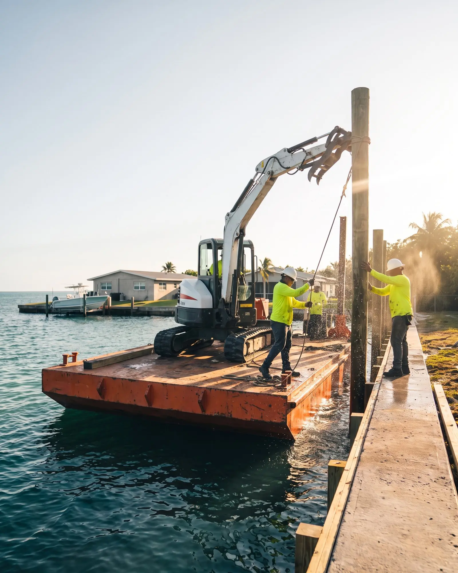 Excavator on a barge installs a large marine pile next to a wooden dock with two workers.