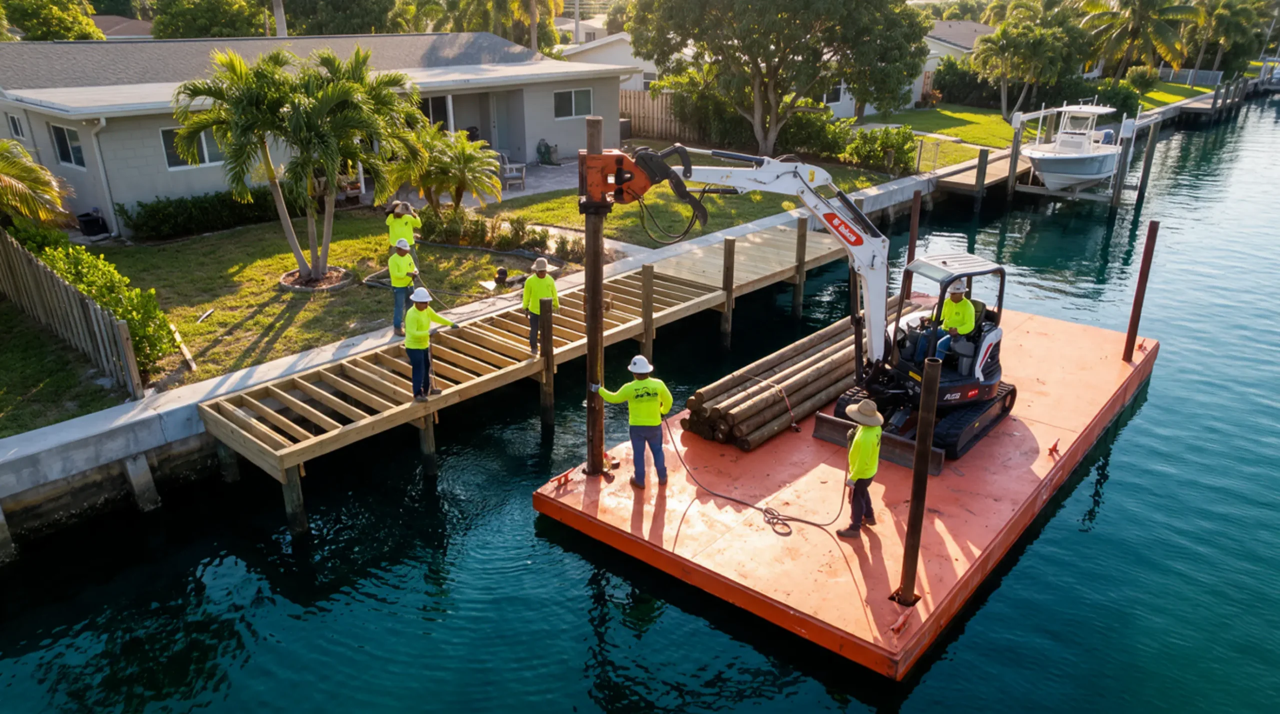 Foam Guys barge crew installing a seawall at a waterfront property
