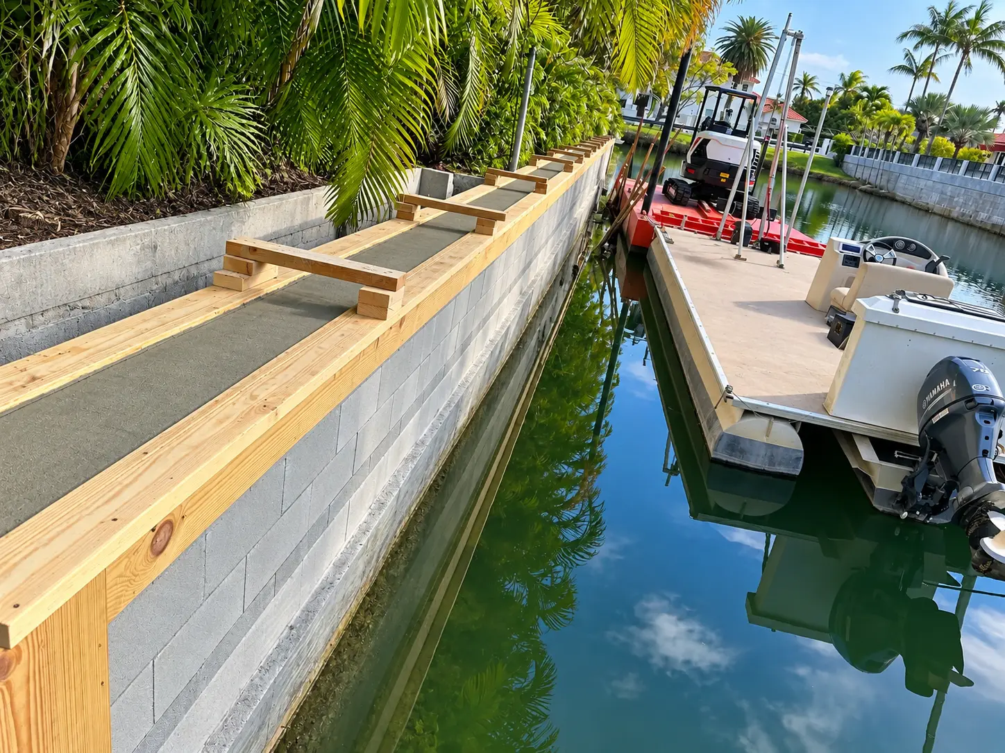 Foam Guys crew working a canal seawall from a barge